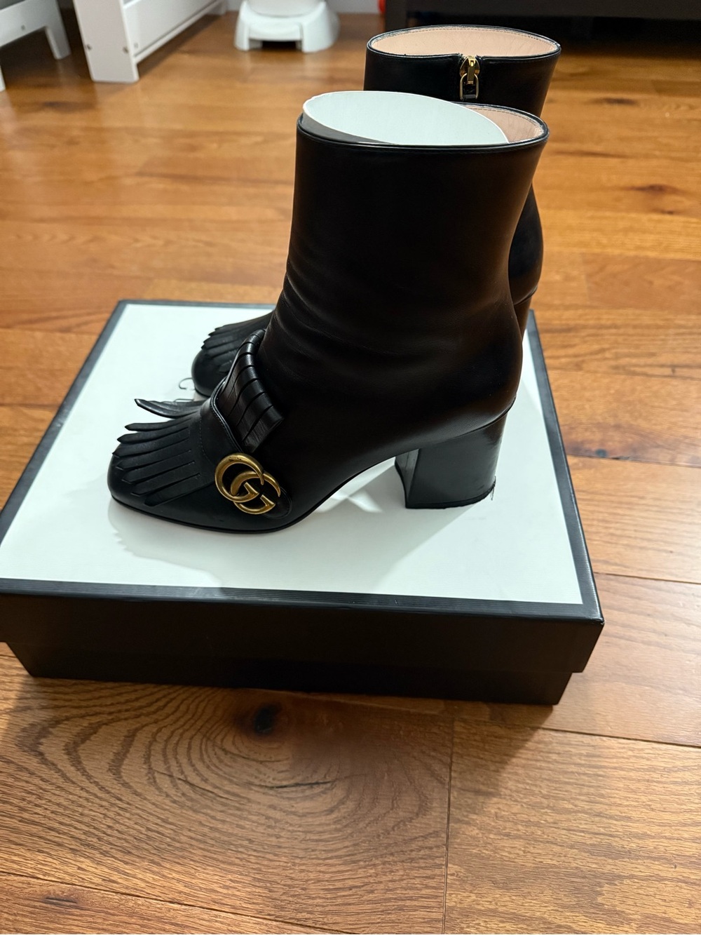 Gucci Black Leather Fringe Mid-Calf Boots with Gold Buckle - Picture 3 of 3